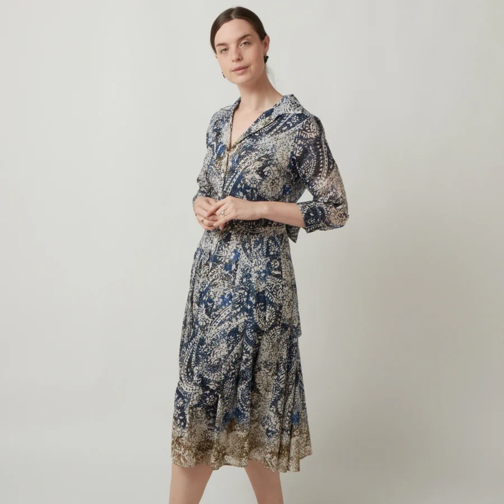 Samantha Sung Blue and Gold Ruffled Wrap Midi Dress